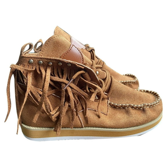 FRSASU Women's Vintage flat heel round toe fringed boots,Lightweight Comfy lace up High Top Round Toe Hippie Short Booties Coffee