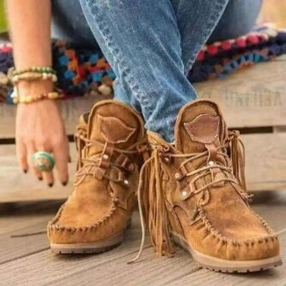FRSASU Women's Vintage flat heel round toe fringed boots,Lightweight Comfy lace up High Top Round Toe Hippie Short Booties Yellow