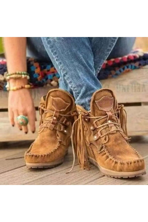 Women's Vintage flat heel round toe fringed boots,Lightweight Comfy lace up High Top Round Toe Hippie Short Booties Yellow