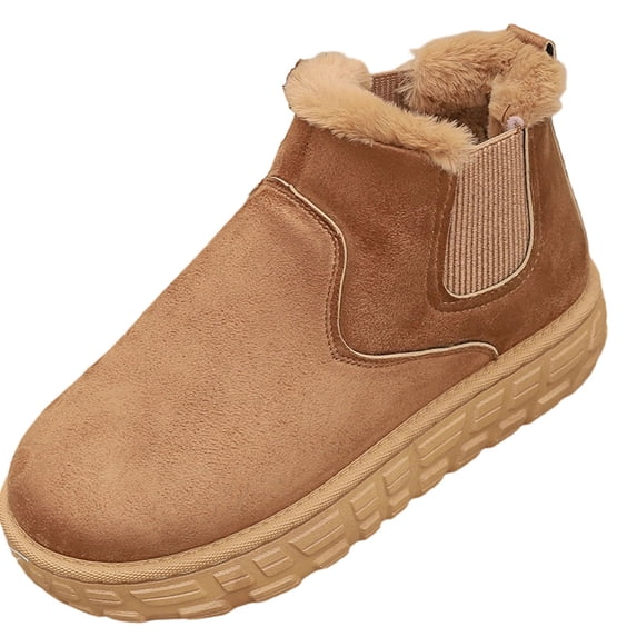 FRSASU Women's Warm Fur Lined Winter Ankle Boots Platform Chelsea Boots Slip On Chunky Ankle Booties Brown