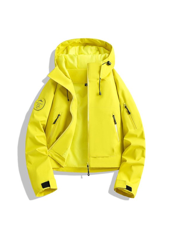 Women's Waterproof Crop Rain Jacket Hooded Zip Up Lightweight Raincoat Cycling Windbreakers with Pockets Yellow