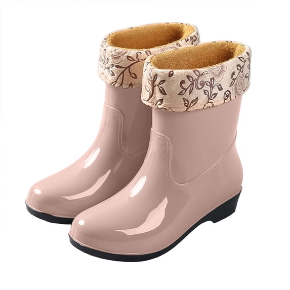 FRSASU Women's Waterproof Mid‑Height Garden Rain Boots Fold‑Over Floral Fleece Cuff Non‑Slip Sole for Outdoor Work & Rainy Days Khaki