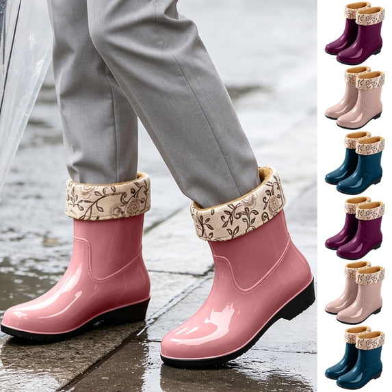 FRSASU Women's Waterproof Mid‑Height Garden Rain Boots Fold‑Over Floral Fleece Cuff Non‑Slip Sole for Outdoor Work & Rainy Days Purple