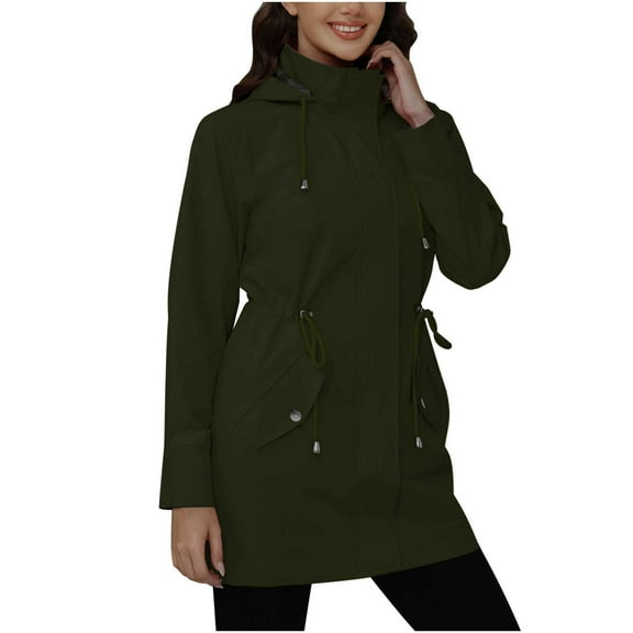 FRSASU Women's Waterproof Ski Hooded Jacket Versatile Casual Waist Windbreaker Coat for Rain Snow Outdoor Hiking Army Green XXL(XXL)