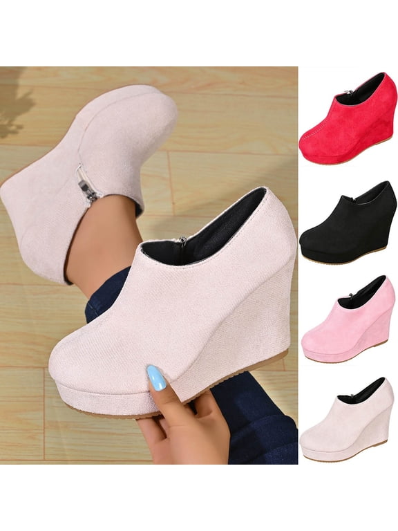 Women's Wedge Heels Ankle Boots High Heeled Platform Pumps Round Toe Zip Up Short Booties office Party Dress Shoes Red