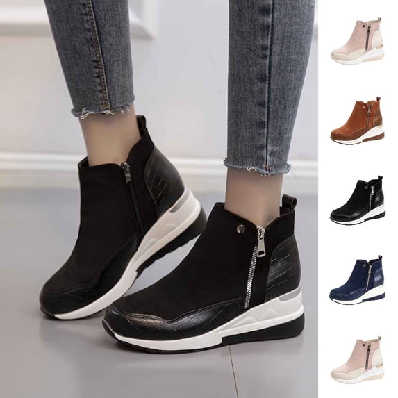 FRSASU Women's Wedge Platform Boots Casual Round Toe Side Zipper Fashion Sneakers Dress Short Boots