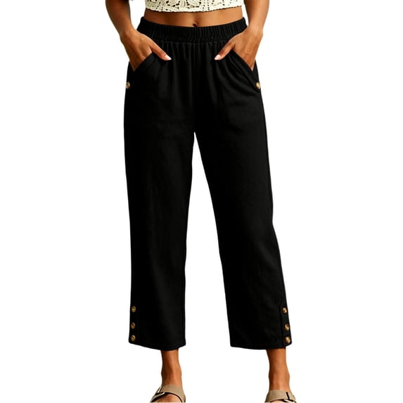 FRSASU Women's Wide Leg Capri Pants Elastic Waist Casual Loose Lounge Summer Flowy Beach Vacation Trousers Black