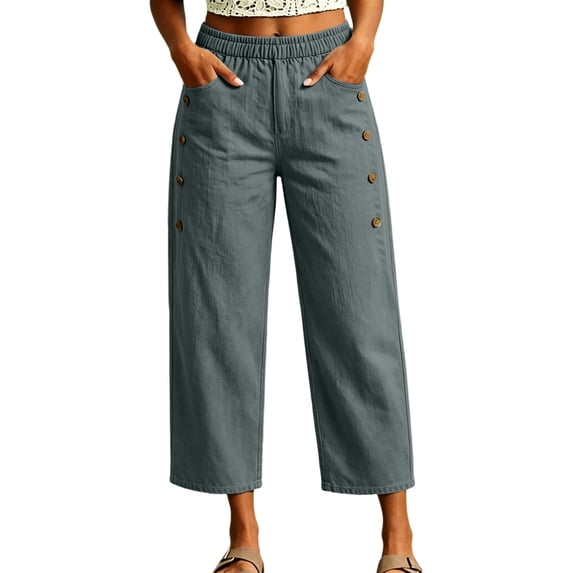 FRSASU Women's Wide Leg Capri Pants Elastic Waist Casual Loose Lounge Summer Flowy Beach Vacation Trousers Gray-A