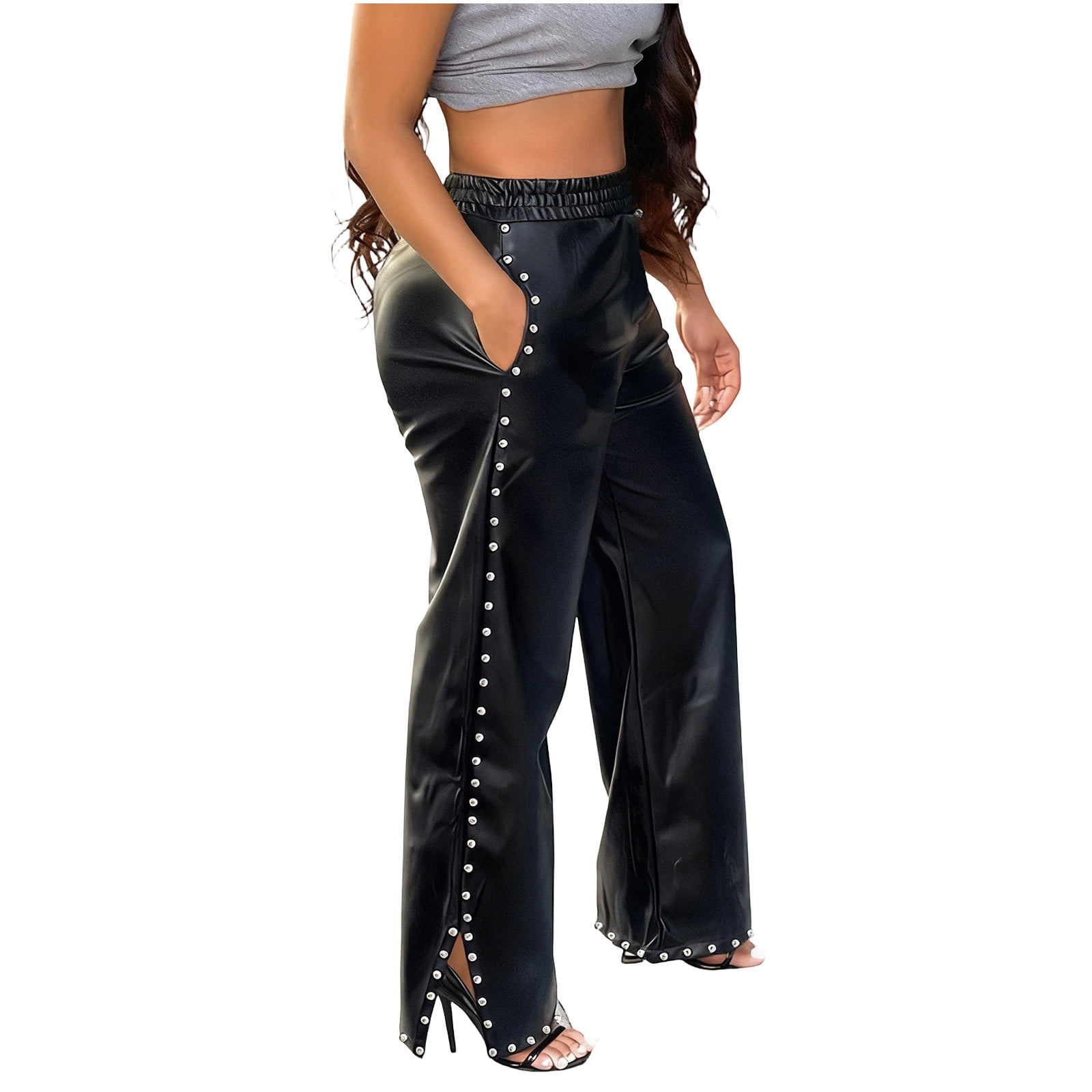 FRSASU Women's Wide Leg Faux Leather Pants Rivets Pearls Elastic Waist Baggy Trousers with Pockets Black