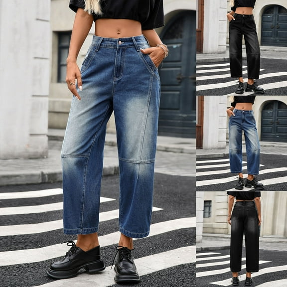FRSASU Women's Wide Leg Jeans High Waisted Stretchy Straight Leg Loose Trendy Denim Cropped Pants with Pocket Blue XL(XL)