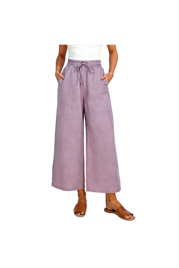 Women's Wide Leg Pants, Casual Cotton Linen High Waisted Cropped Trousers Drawstring Loose Palazzo Pants with Pockets Purple