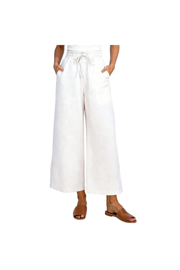 Women's Wide Leg Pants, Casual Cotton Linen High Waisted Cropped Trousers Drawstring Loose Palazzo Pants with Pockets White
