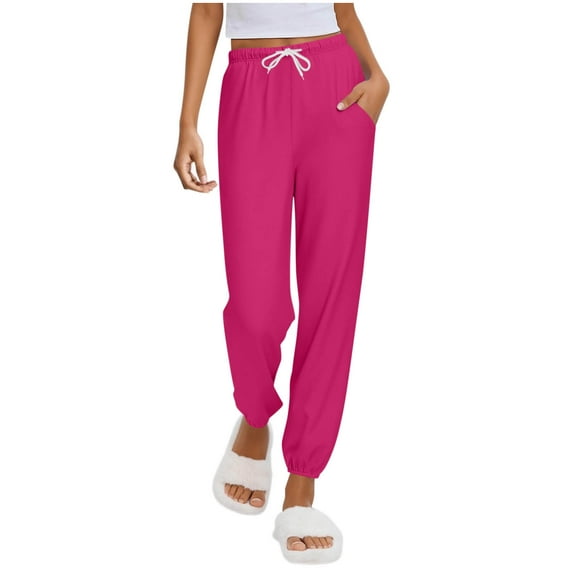 FRSASU Women's Wide Leg Pants Casual Drawstring Elastic High Rise Pajama Pants Lounge Wear Ankle Trousers with Pockets Hot Pink