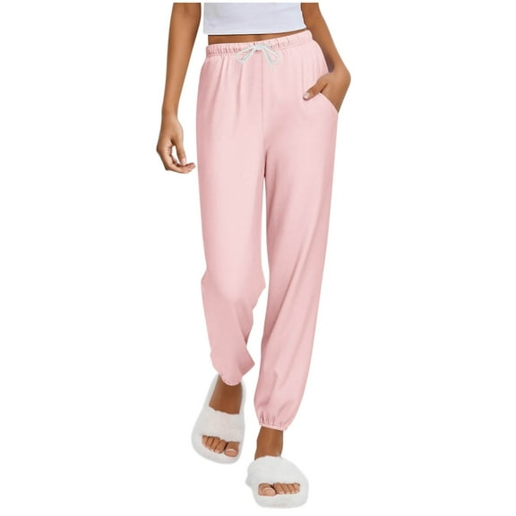 FRSASU Women's Wide Leg Pants Casual Drawstring Elastic High Rise Pajama Pants Lounge Wear Ankle Trousers with Pockets Pink