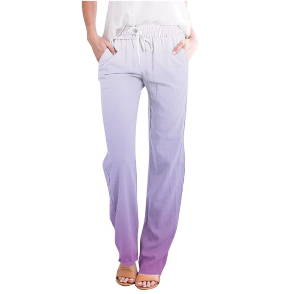 FRSASU Women's Wide Leg Pants Gradient Printed Casual Drawstring Elastic Straight Leg Pants Lounge Wear Trousers Purple