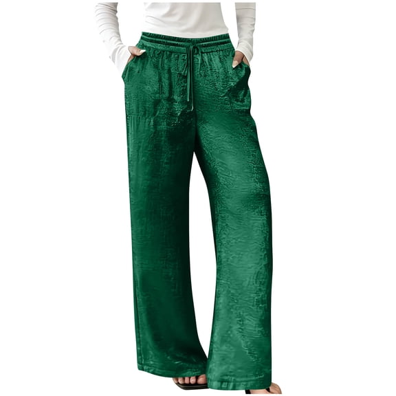 FRSASU Women's Wide Leg Sweatpants Elastic High Waist Loose Sweat Pants Straight Leg Drawstring Trousers with Pockets Green