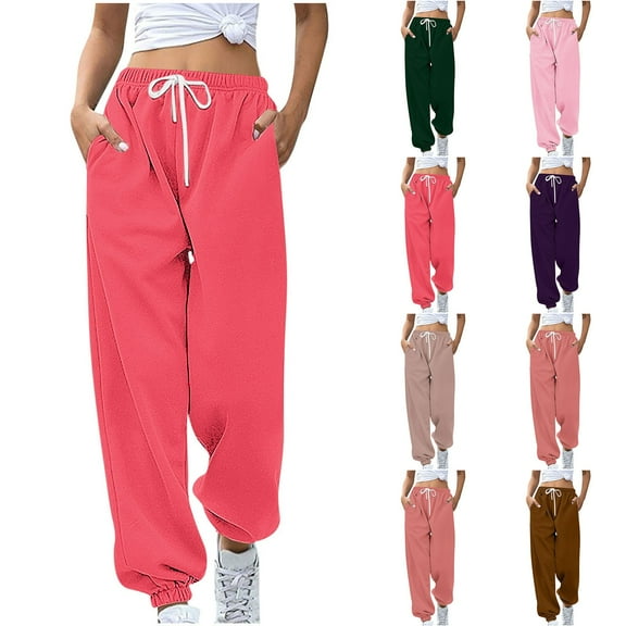 FRSASU Women's Wide Leg Sweatpants - High Elastic Waist Drawstring Baggy Ankle Pants with Pockets Watermelon Red