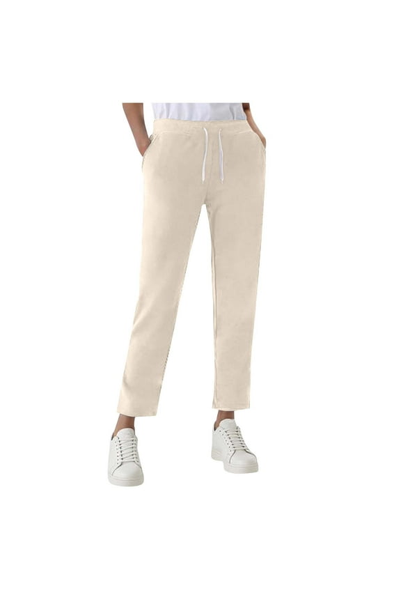 Women's Wide Leg Sweatpants Solid Straight Leg Sweat Pants Drawstring Elastic Waist Pants with Pockets Beige L(L)