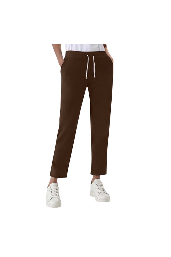 Women's Wide Leg Sweatpants Solid Straight Leg Sweat Pants Drawstring Elastic Waist Pants with Pockets Coffee S(S)
