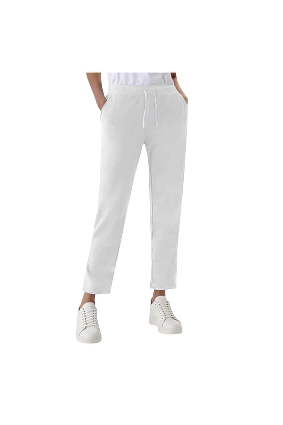 Women's Wide Leg Sweatpants Solid Straight Leg Sweat Pants Drawstring Elastic Waist Pants with Pockets White S(S)