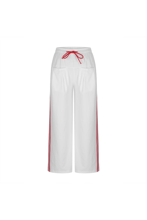 Women's Wide Leg Track Pants with Pockets High Waist Drawstring Side Stripe Lightweight Straight Leg Athletic Pants White S(S)