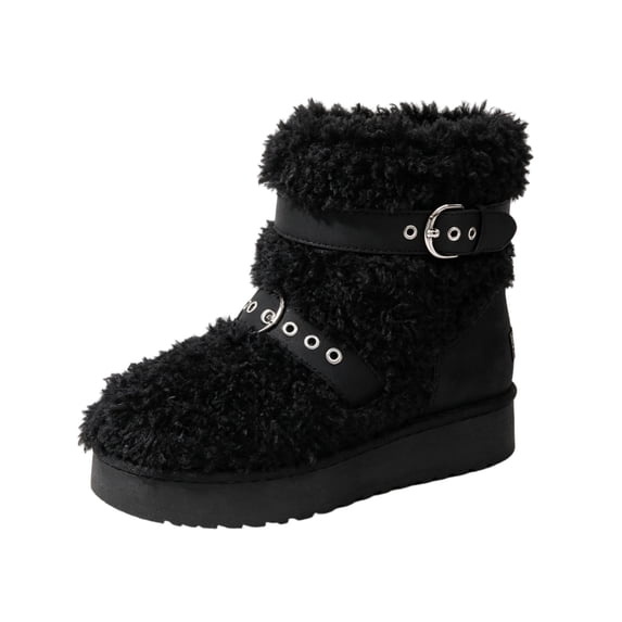 FRSASU Women's Winter Boots Fuzzy Plush Buckle Strap Warm Round Toe Slip On Non-Slip Sole Snow Ankle Booties Black
