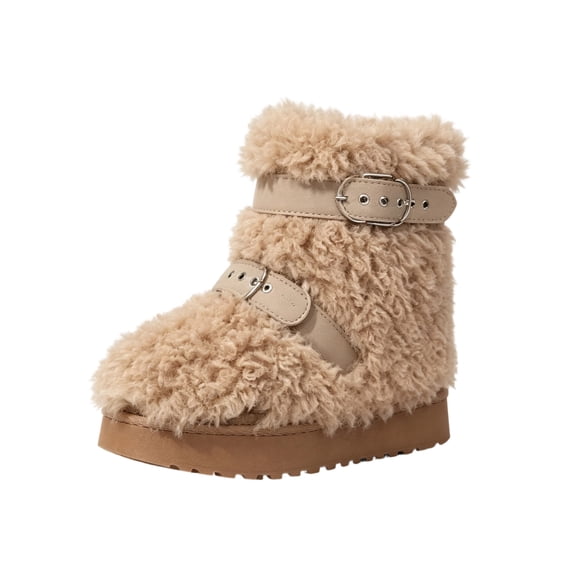 FRSASU Women's Winter Boots Fuzzy Plush Buckle Strap Warm Round Toe Slip On Non-Slip Sole Snow Ankle Booties Brown