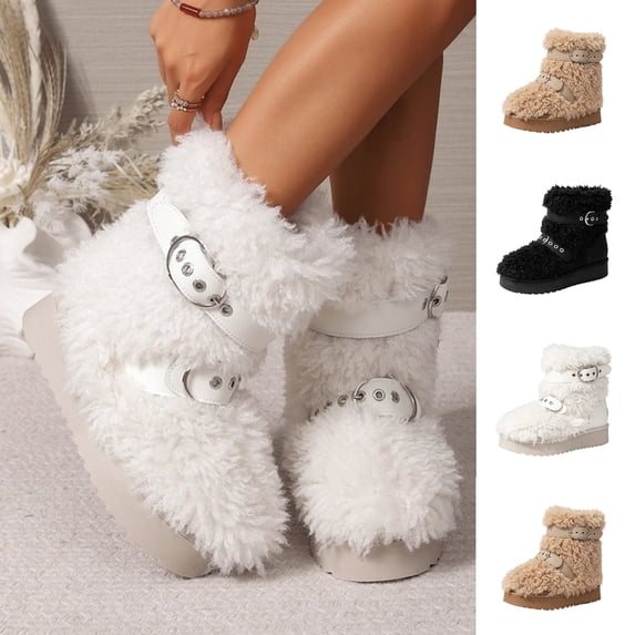 FRSASU Women's Winter Boots Fuzzy Plush Buckle Strap Warm Round Toe Slip On Non-Slip Sole Snow Ankle Booties White