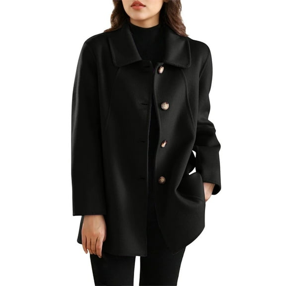 FRSASU Women's Winter Casual Long Sleeve Single Breasted Lapel Long Wool Coat formal office Wool Overcoat Black