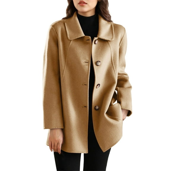 FRSASU Women's Winter Casual Long Sleeve Single Breasted Lapel Long Wool Coat formal office Wool Overcoat Khaki