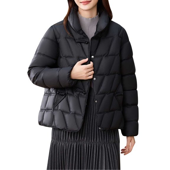 FRSASU Women's Winter Coat Jacket Windproof Puffer Coat Warm Solid Long Sleeve Capless Outerwear Black XXL(XXL)