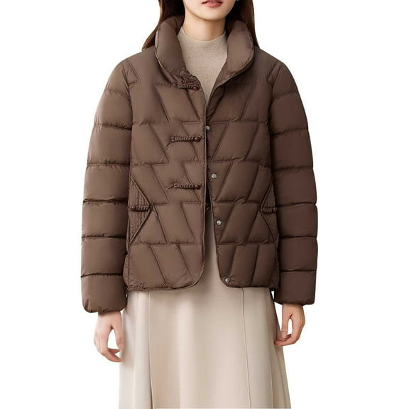 FRSASU Women's Winter Coat Jacket Windproof Puffer Coat Warm Solid Long Sleeve Capless Outerwear Coffee M(M)