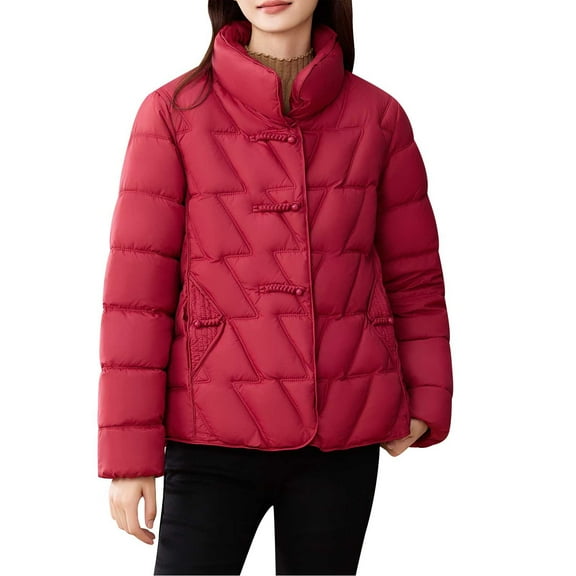 FRSASU Women's Winter Coat Jacket Windproof Puffer Coat Warm Solid Long Sleeve Capless Outerwear Red XXXL(XXXL)