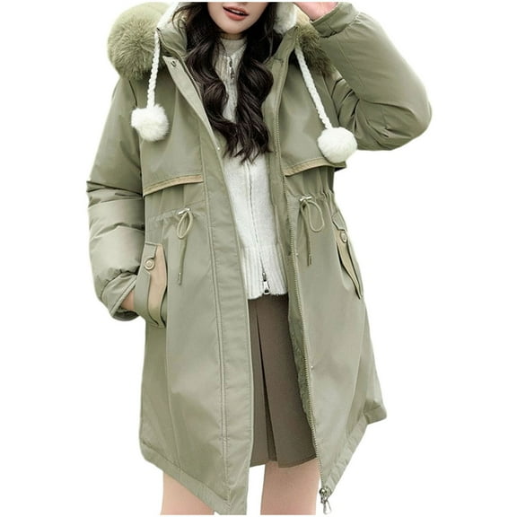 FRSASU Women's Winter Hooded Coat Waterproof Warm Long Puffer Jacket Detachable Collar Parka Green