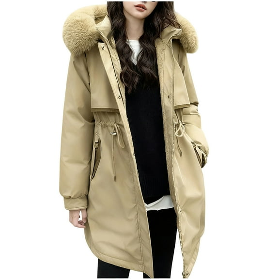 FRSASU Women's Winter Hooded Coat Waterproof Warm Long Puffer Jacket Detachable Collar Parka Khaki