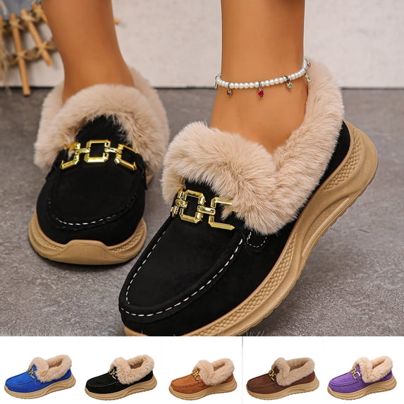 FRSASU Women's Winter Loafers Dressy Casual Slip On Non Slip Round Toe Fur Lined office Walking Shoes Purple