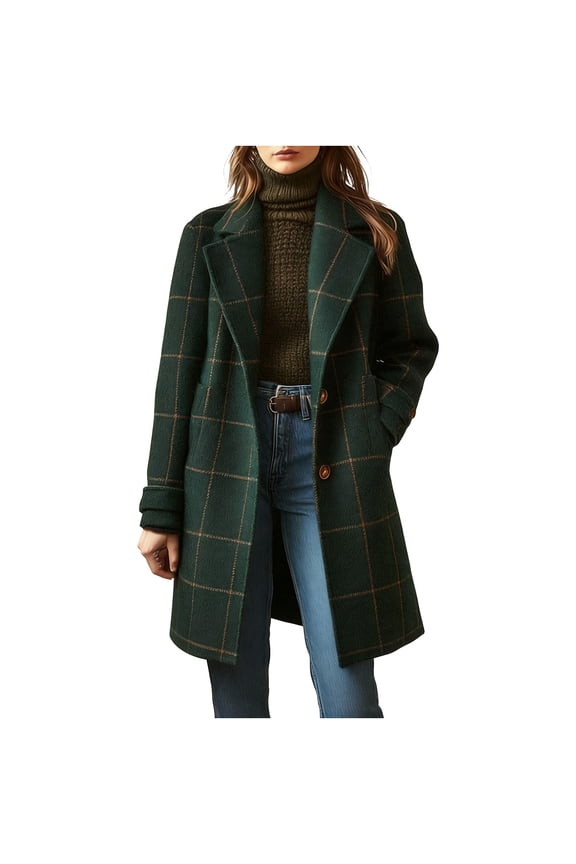 Women's Winter Notched Collar Plaid Wool Trench Coat Button Down Mid Long Overcoat Outerwear Green