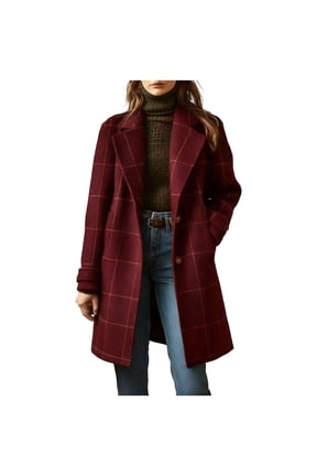 Women's Winter Notched Collar Plaid Wool Trench Coat Button Down Mid Long Overcoat Outerwear Wine