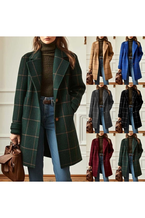 Women's Winter Notched Collar Plaid Wool Trench Coat Button Down Mid Long Overcoat Outerwear Wine