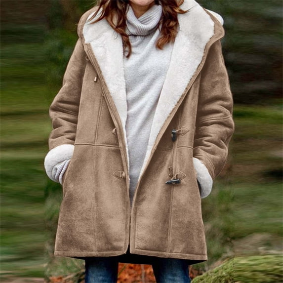 FRSASU Women's Winter Solid Color Velvet Warm Cow Horn Button Pocket Coat Long Sleeved Hooded Casual Jacket Khaki
