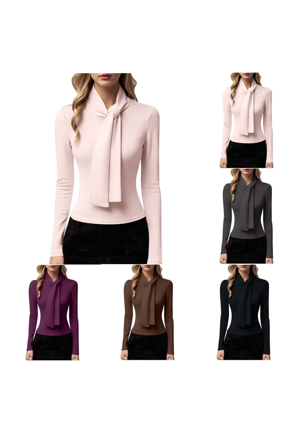 Women's Work Blouse Ribbon High Neck Long Sleeve Shirts Solid Color Slim Fit Elegant office Business Top Purple