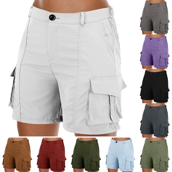 FRSASU Women's Work Cargo Shorts Summer Straight Leg Knee Length Plain Elastic Waist Regular Fit Shorts White