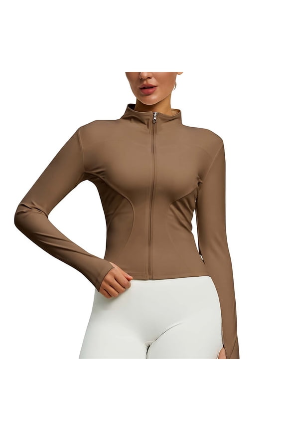 Women's Workout Jacket Lightweight Zip up Yoga Jacket Cropped Athletic Slim Fit Tops Coffee