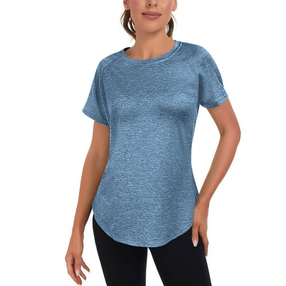 FRSASU Women's Workout Tops Short Sleeve Mesh Open Back Loose Fit Gym Athletic Running Shirts Long Exercise Tee Blue XL(XL)