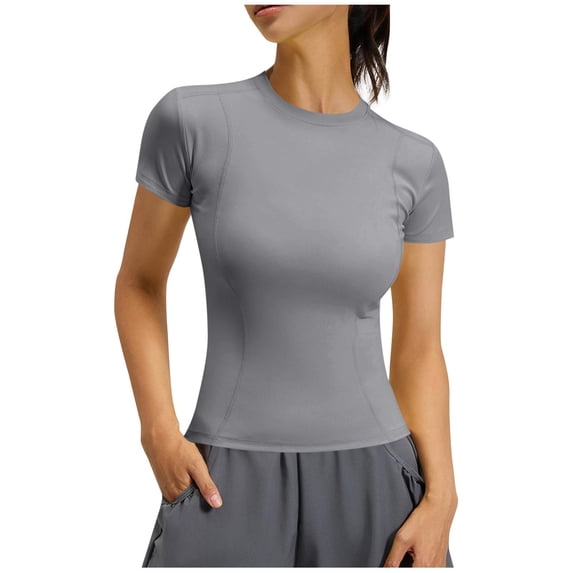 FRSASU Women's Workout Tops Short Sleeve Raglan Athletic Compression Yoga Gym Crewneck Quick Dry T-shirts Gray-A