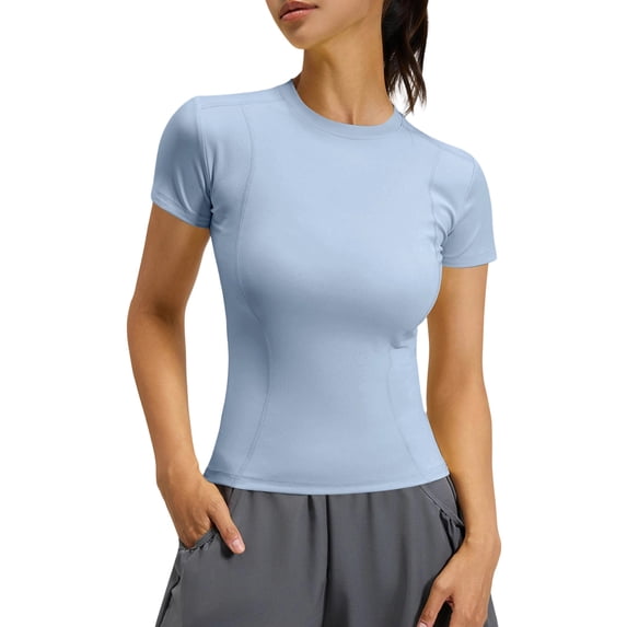 FRSASU Women's Workout Tops Short Sleeve Raglan Athletic Compression Yoga Gym Crewneck Quick Dry T-shirts Light Blue-A