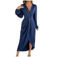 thumbnail image 1 of FRSASU Women's Wrap V Neck Long Sleeve Satin Midi Dress Split Hem Ruched Pleated formal Evening Party Dresses Blue, 1 of 8