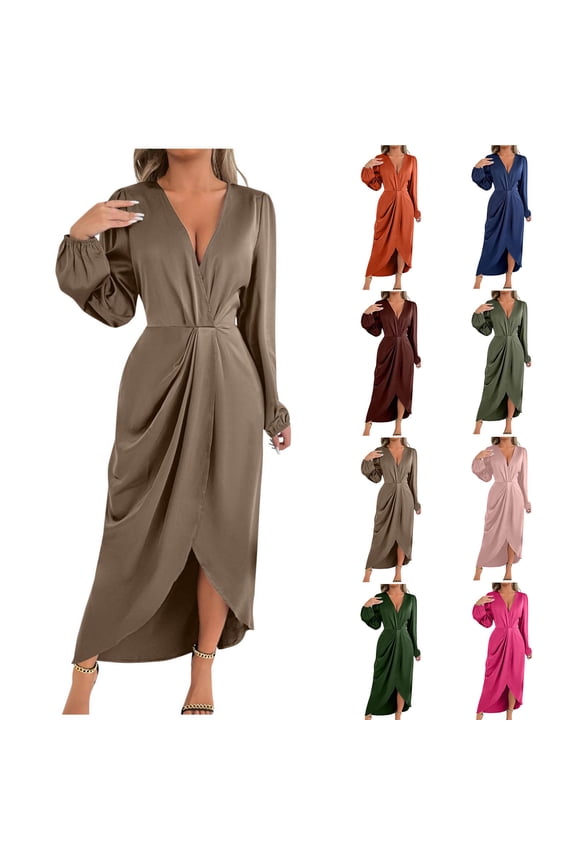 Women's Wrap V Neck Long Sleeve Satin Midi Dress Split Hem Ruched Pleated formal Evening Party Dresses Pink