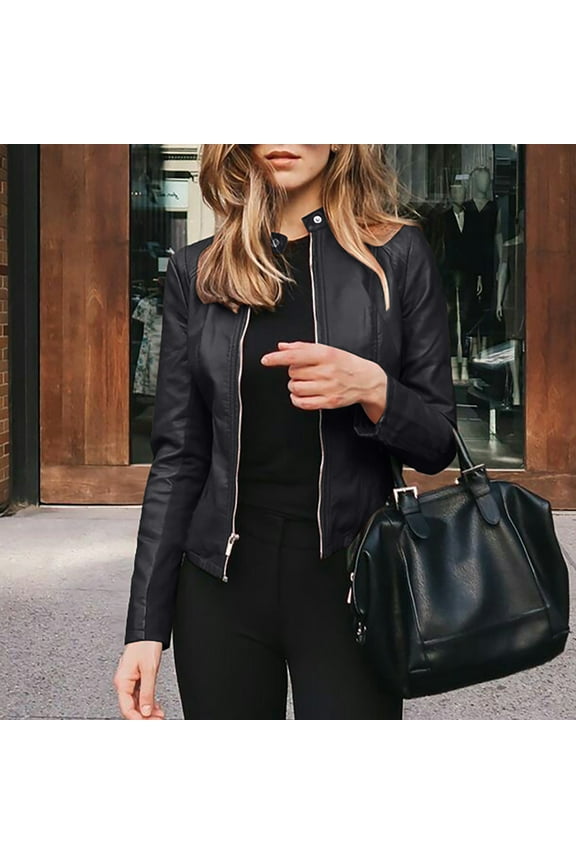 FRSASU Women's Y2K PU Leather Short Jacket Mock Neck Full Zip Long Sleeve Outerwear Black