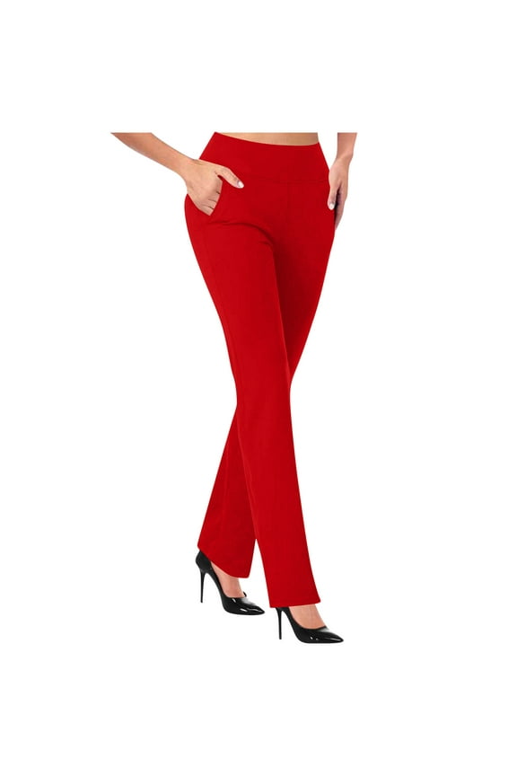 Women's Yoga Dress Pants High Waisted Pull on Straight Leg Pants Stretchy Casual Business Work Pants with Pockets Red